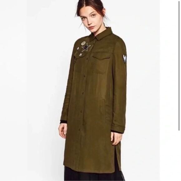 Zara Olive Army Green Patch Long Duster Jacket medium - Picture 3 of 15